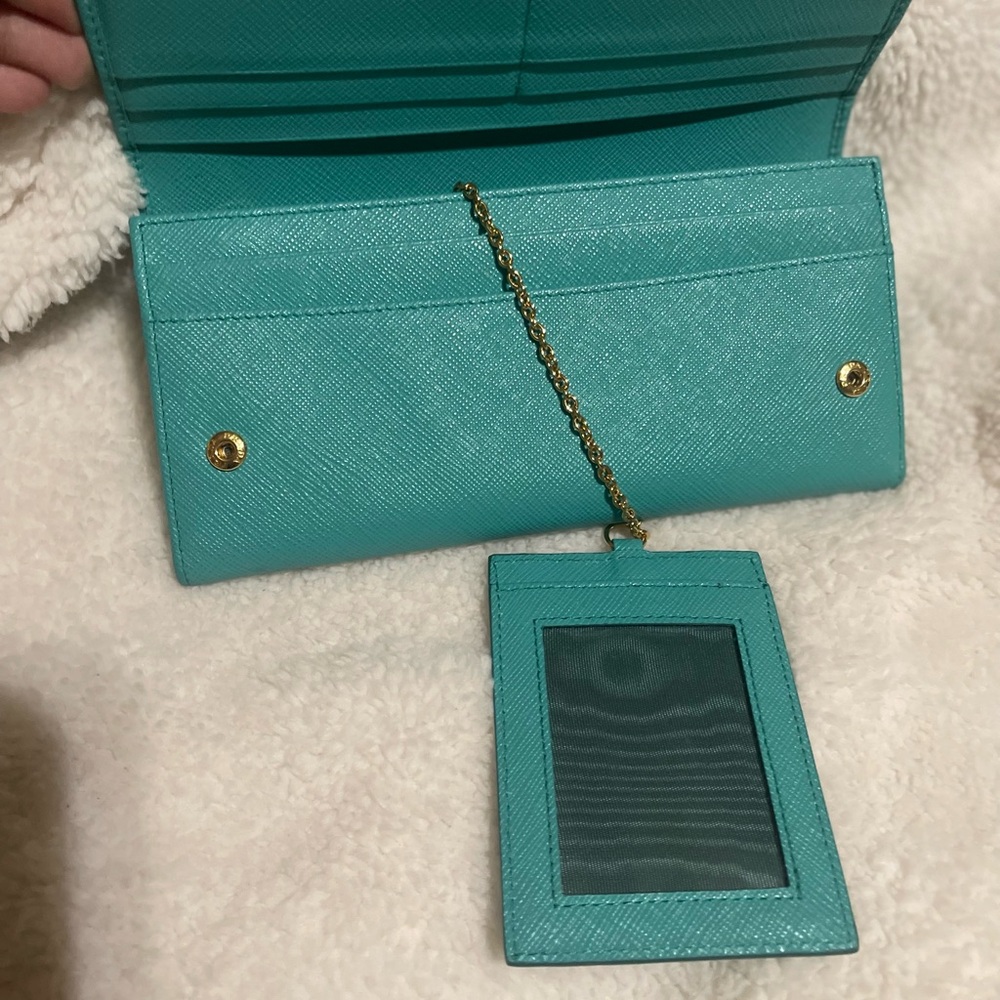 AUTHENTIC Prada Saffiano Leather Turquoise Wallet with Gold Detailing - Picture 4 of 8